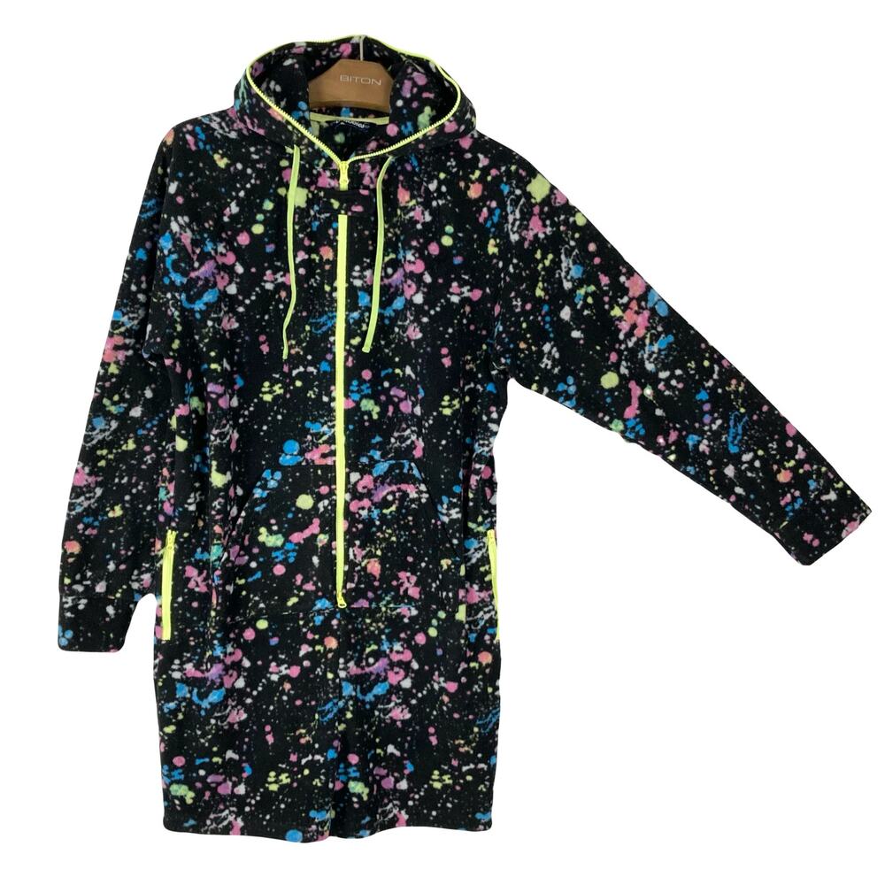 NWOT CHUBBIES Romper L Fleece Neon-Yellow-Zip-Trim Paint-Splatter-MultiColorful